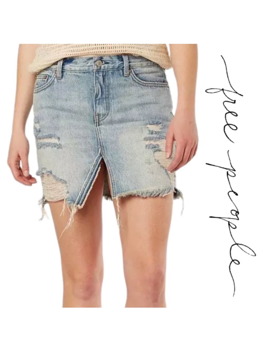 Free People Light Blue Distressed Denim Mini Skirt with Front Slit Size 26